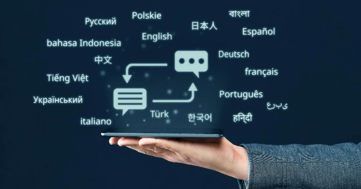 A hand holding a tab that displays multilingual options