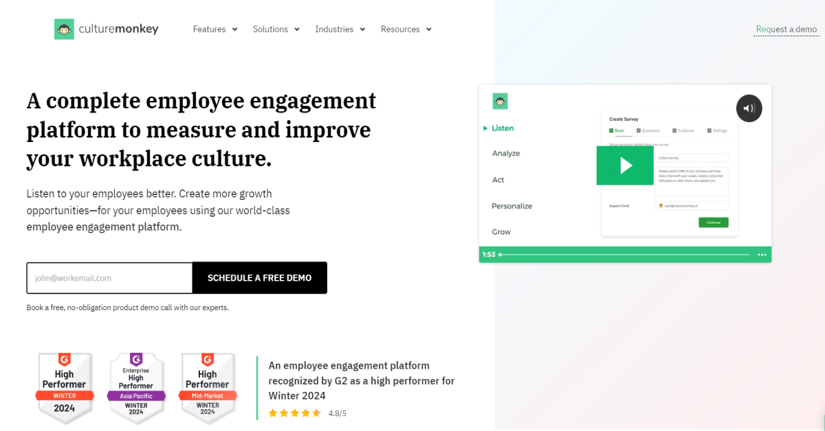 CultureMonkey, an employee engagement survey platform 