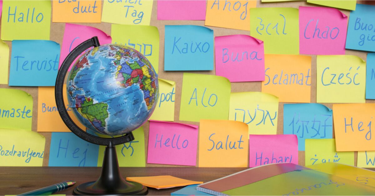 A globe and the word "hello" written in different languages