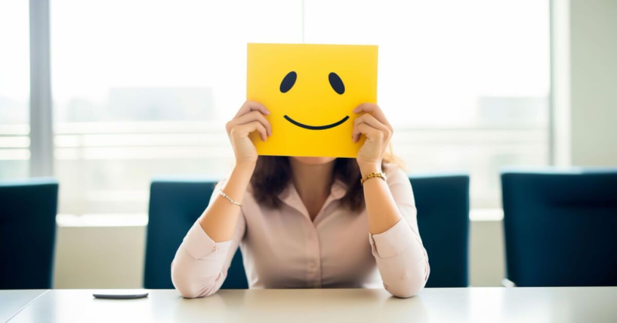 Employee holding a smiley card