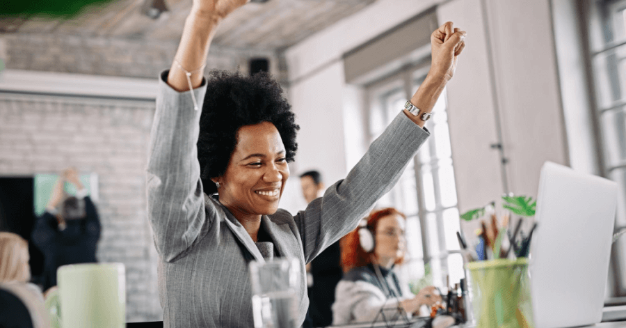 Employee celebrating her victory