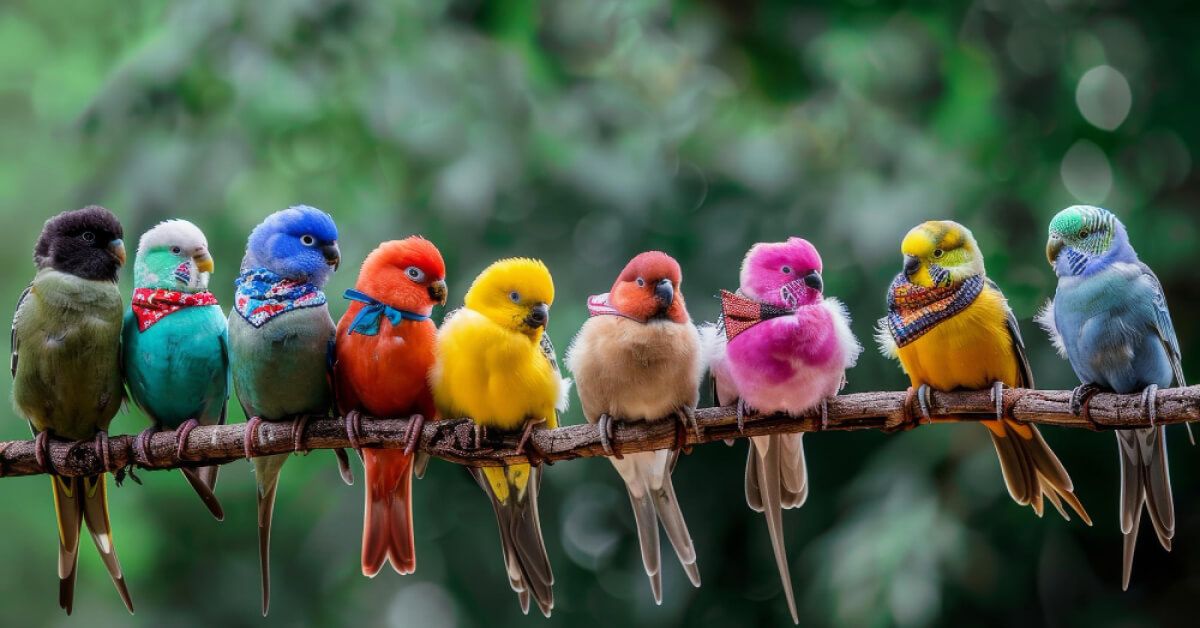 Birds with a bandana perched on a branch