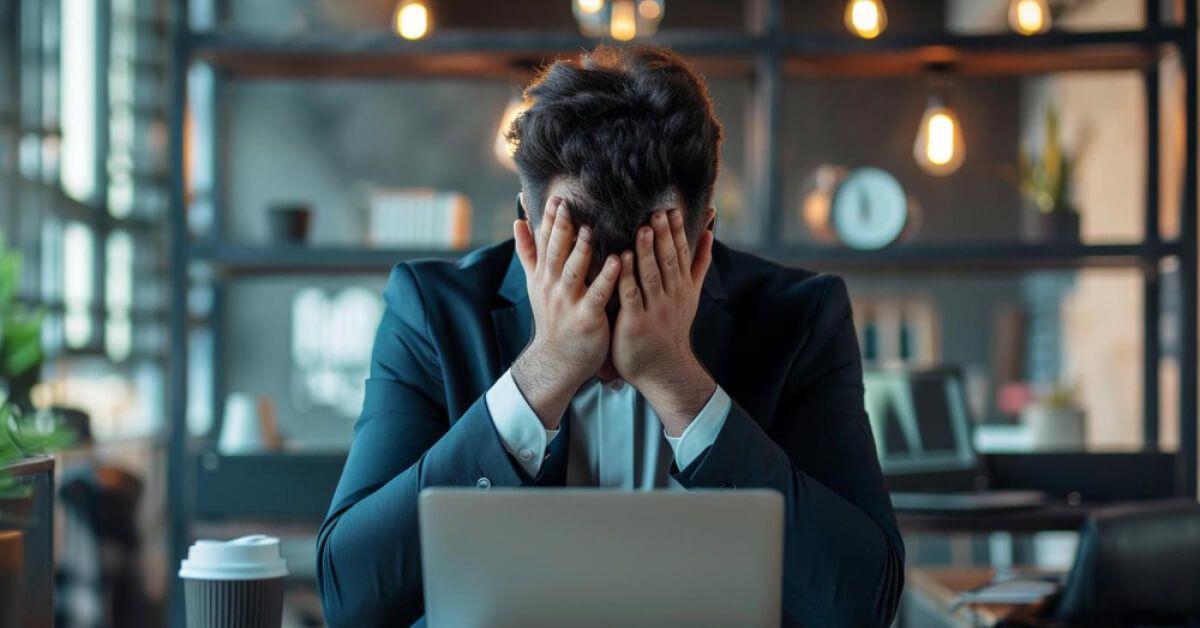 A man sitting at the desk, feeling frustrated