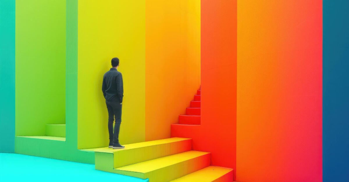 A man in colored hallway