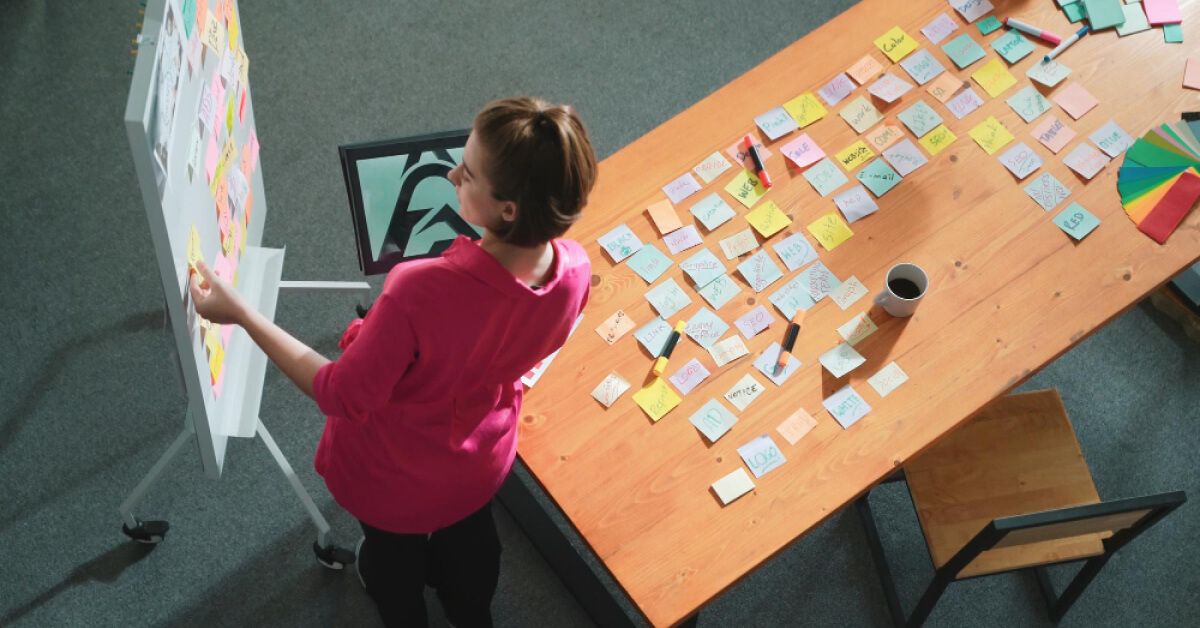 Woman sticking notes on a board