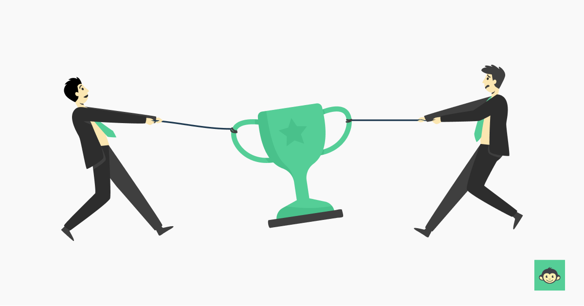 Employees are pulling a trophy in opposite direction