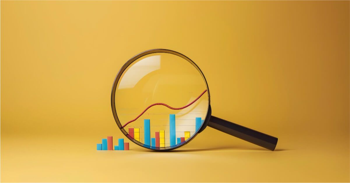 A magnifier glass overlooking some stats, over a yellow background