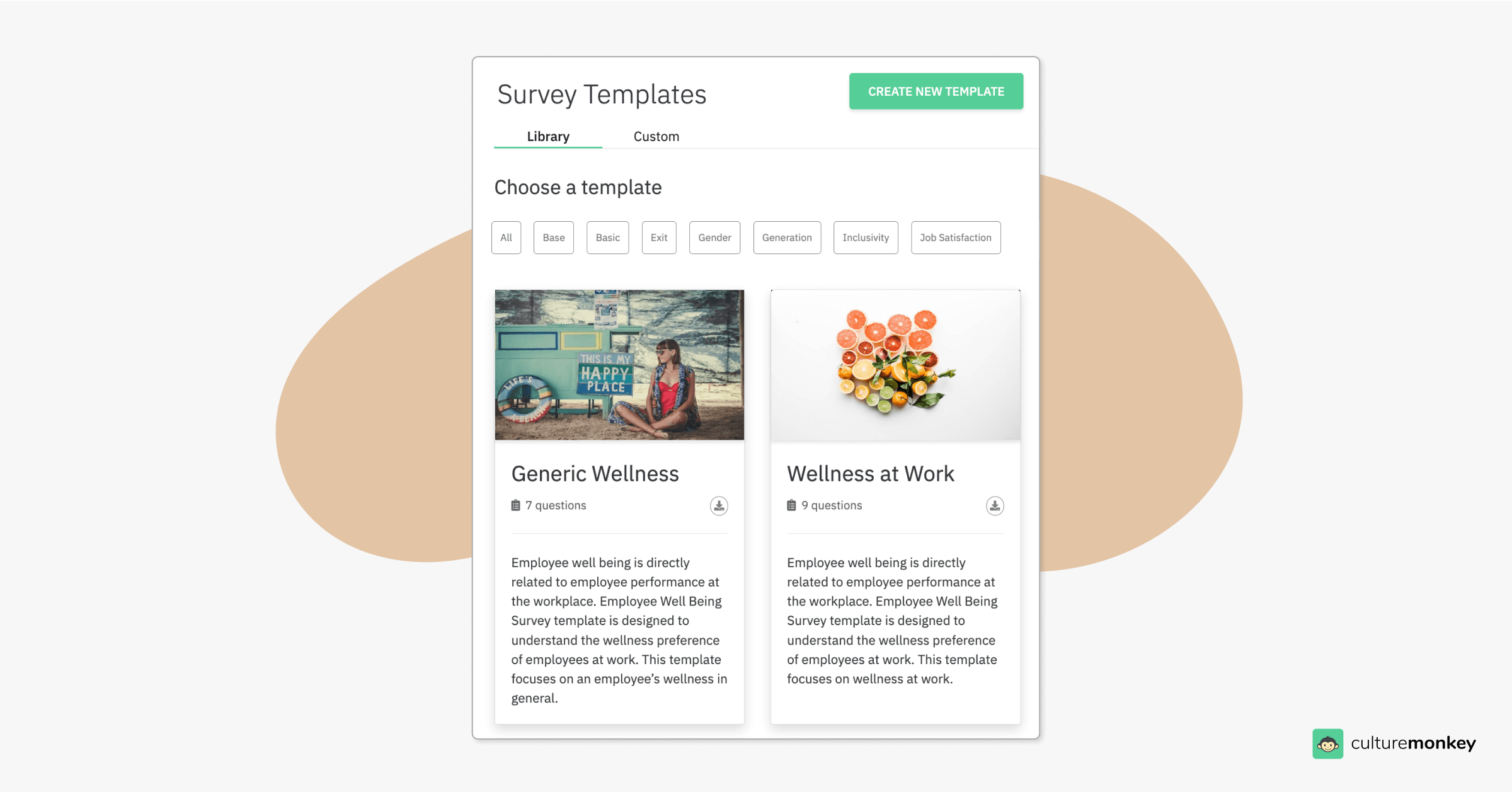 Survey template library featuring wellness questions