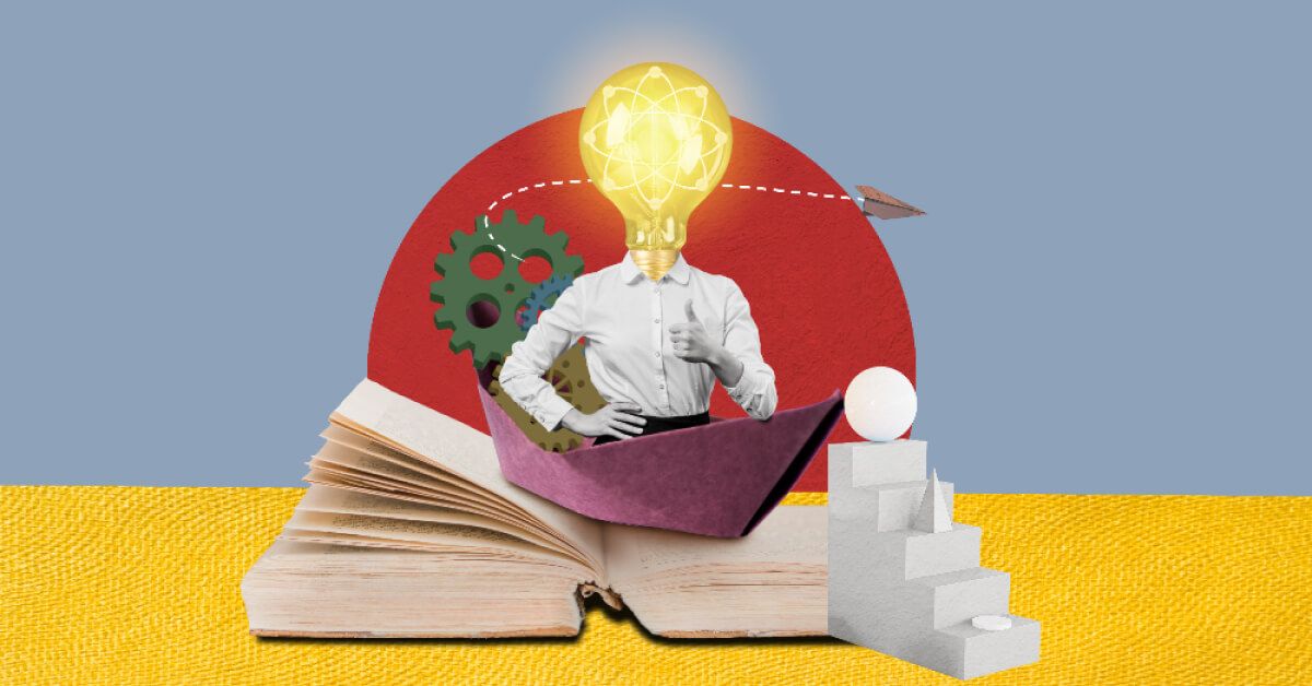 Pop art collage of a bunch of business elements with a glowing lightbulb