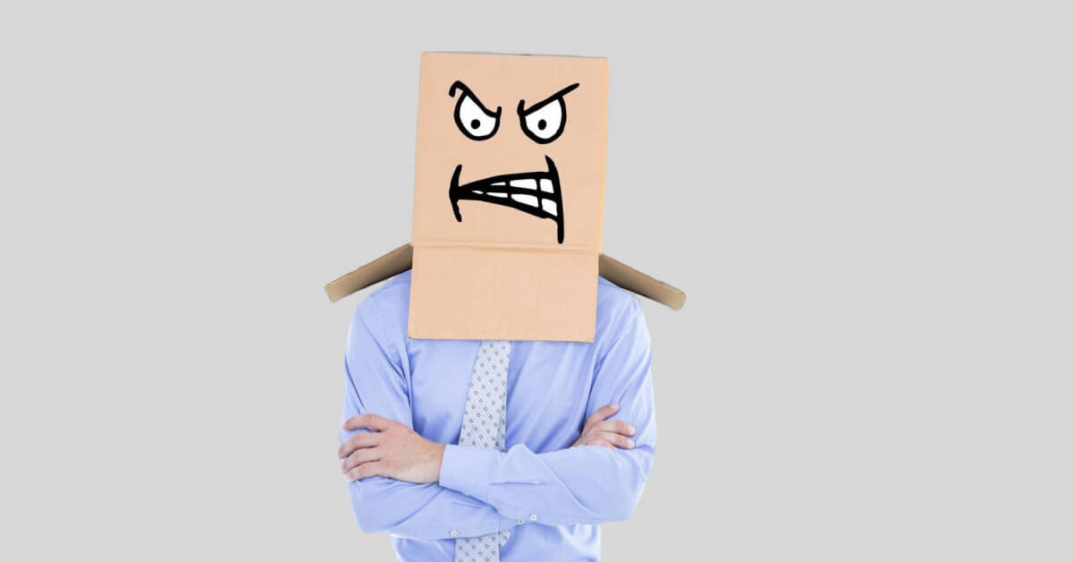 Business person with an animated cardboard box over their head