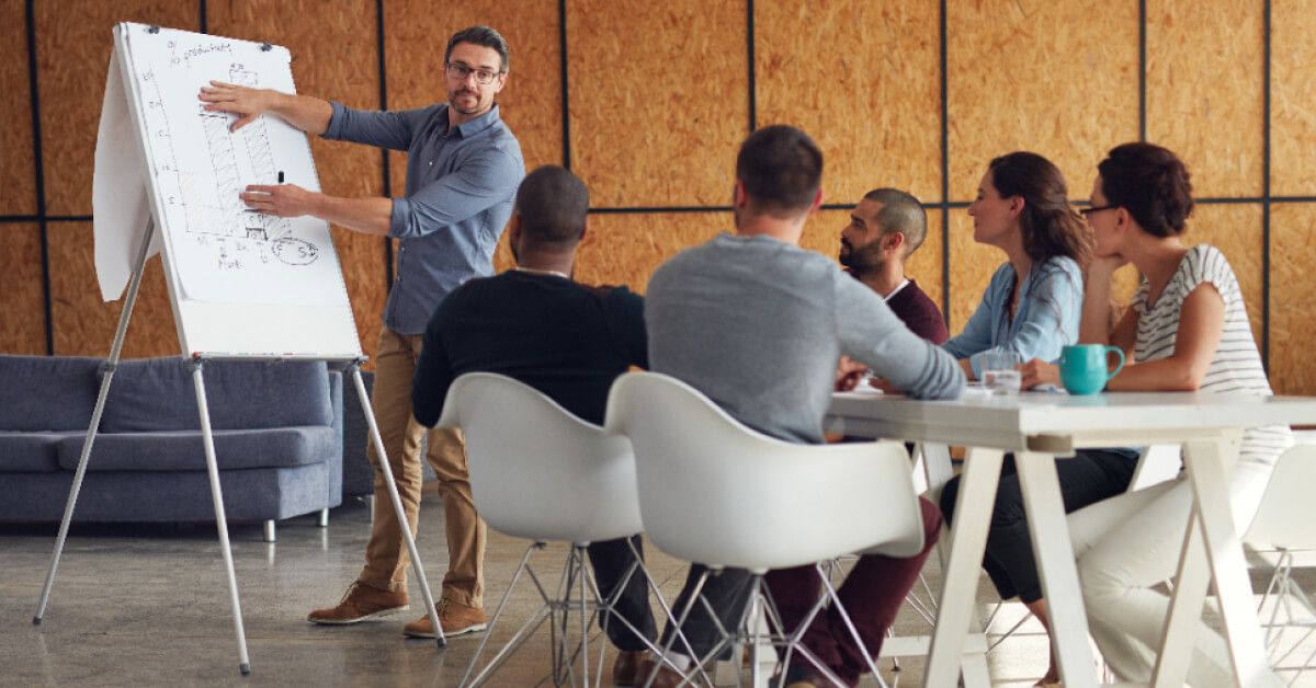 Person using a whiteboard to explain to a group of people