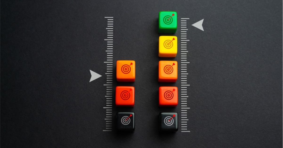 A series of multicolored blocks with target visuals, with rating scales next to them