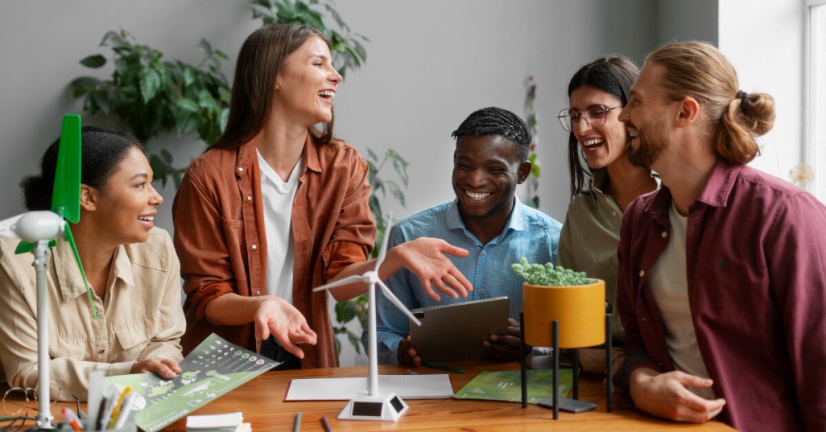 Diverse set of employees interacting with each other