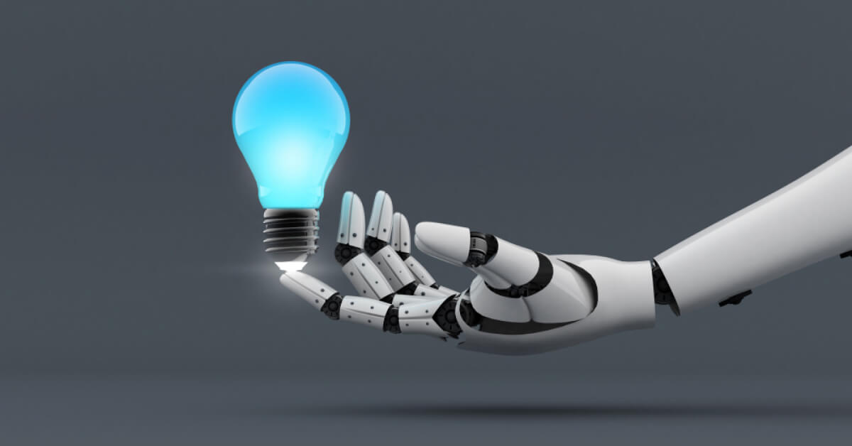 A robotic arm holding a blue lightbulb