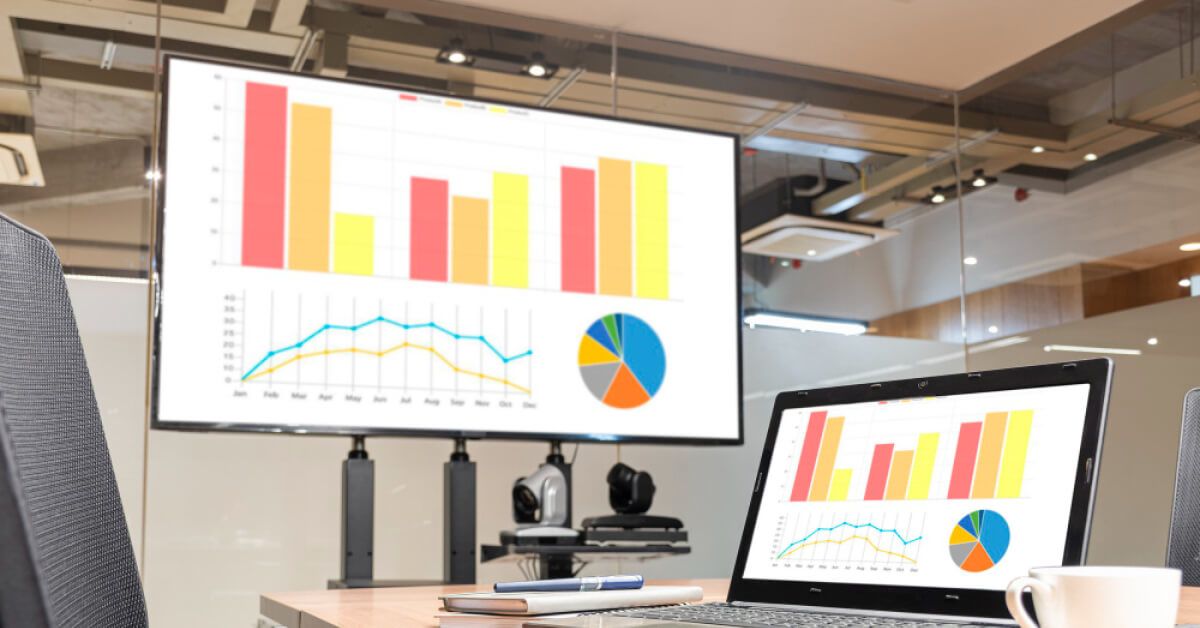 Multiple screens in a meeting with graphs and charts