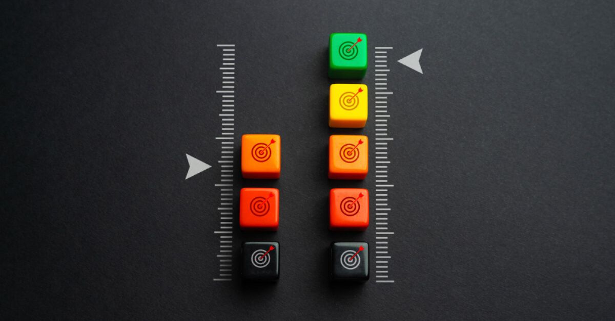 A series of multicolored blocks with target visuals, with rating scales next to them