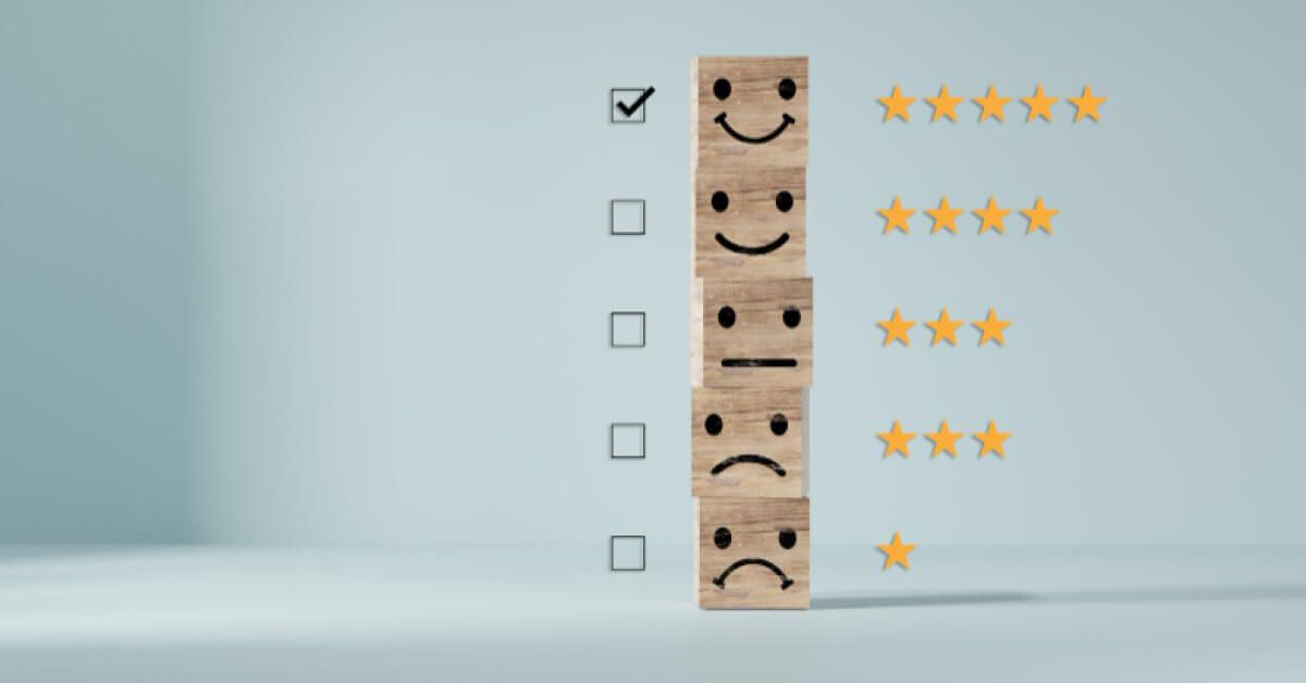 A tower of wooden blocks with reactions and ratings