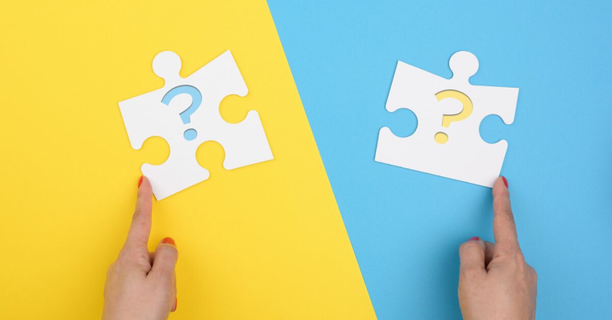 Two puzzle pieces with question marks, against yellow and blue backdrops