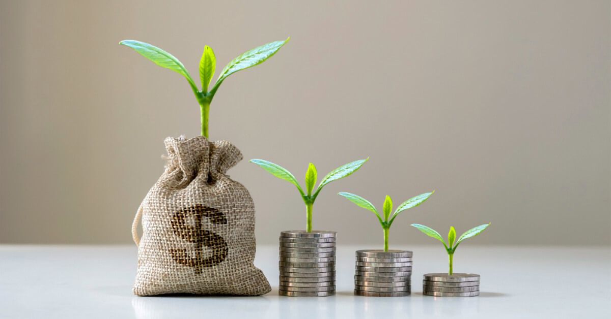 Plant saplings sprouting from money bags and coins