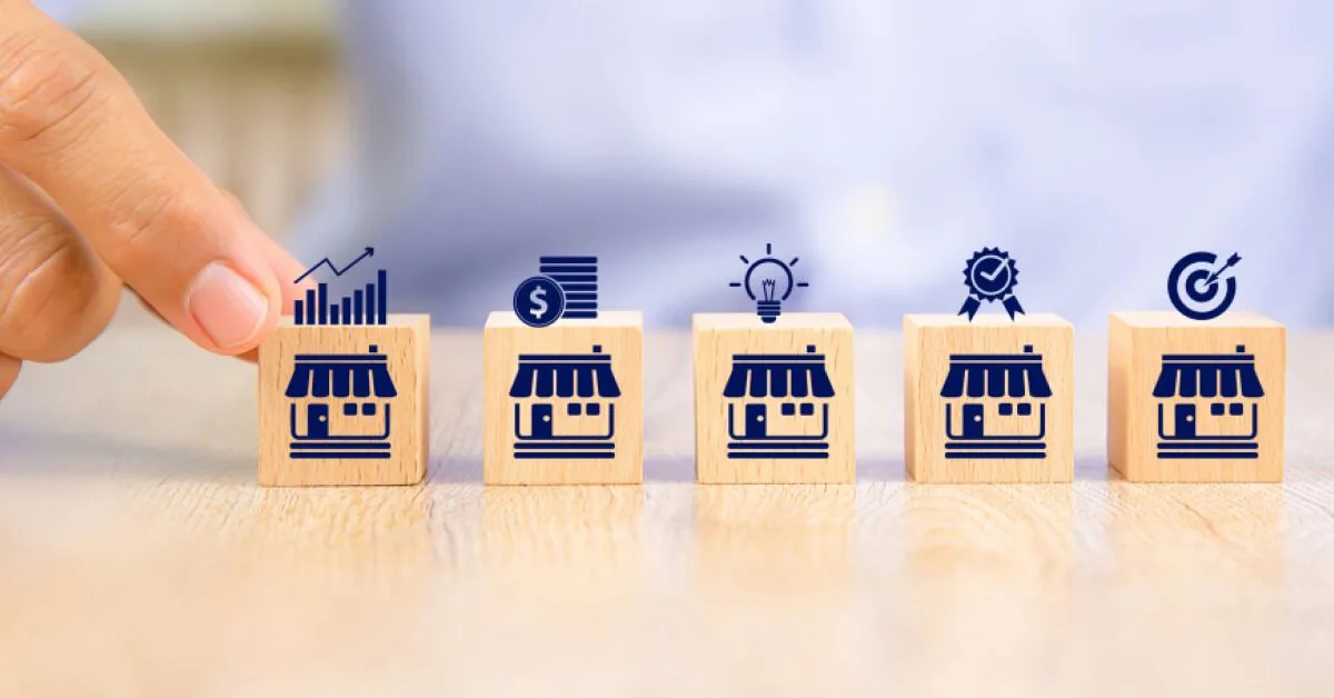 Series of wooden blocks with marketplace icons