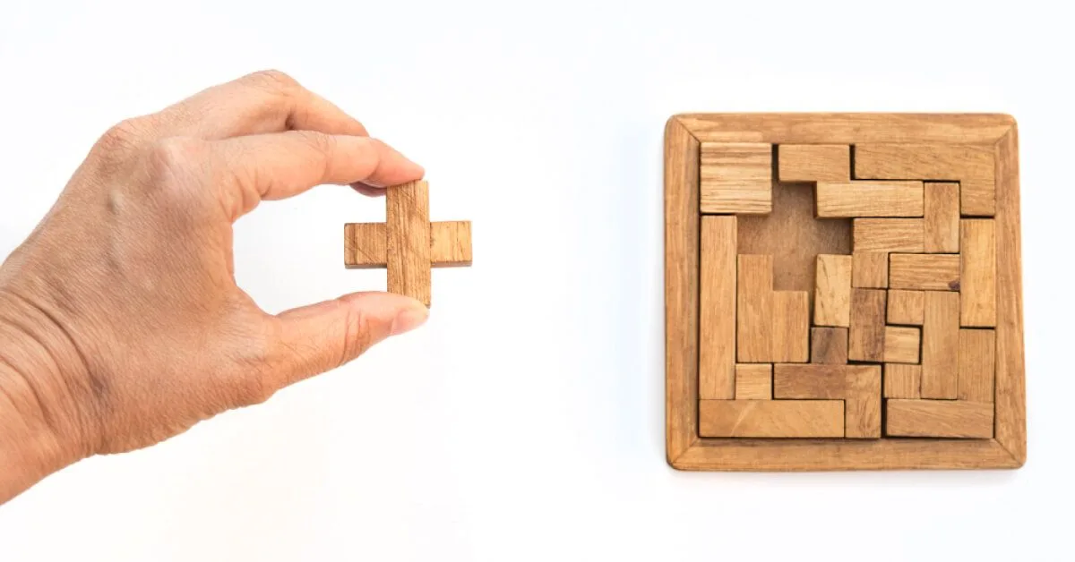 Person holding the final piece of a wooden puzzle