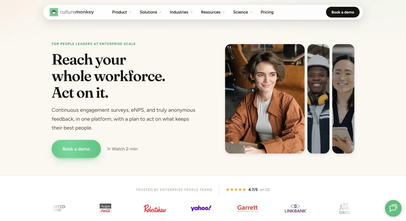 CultureMonkey homepage, People Science powered engagement