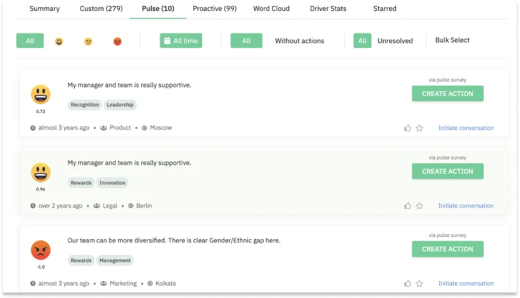The CultureMonkey feedback view listing employee responses with the option to create an action from any of them