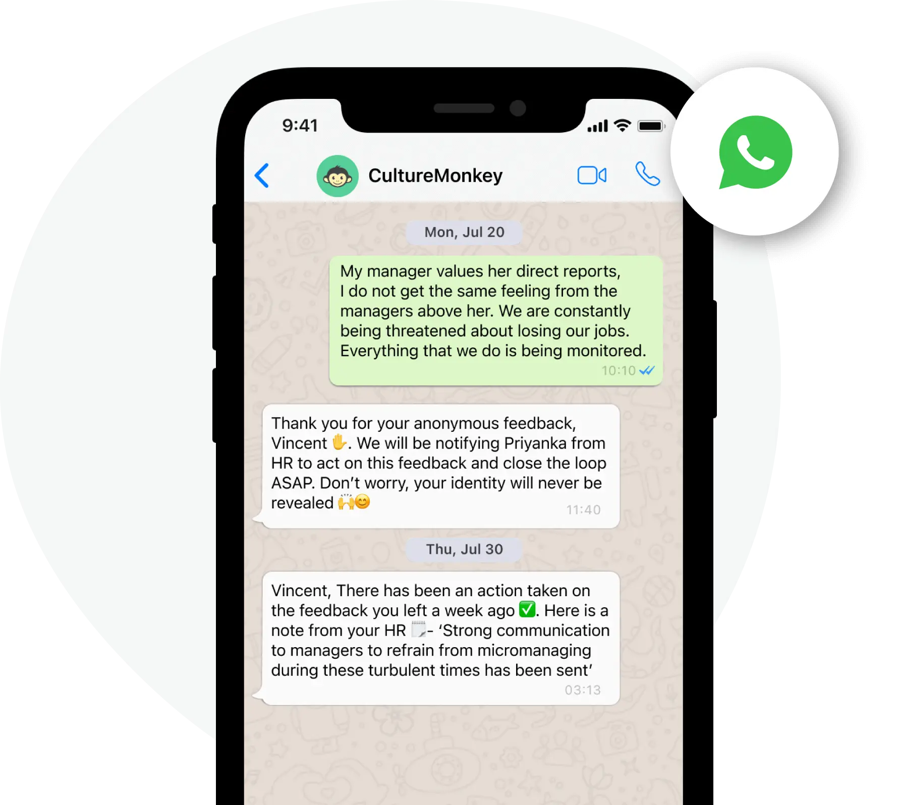 Leverage Whatsapp integration to notify your employees and collect feedback
